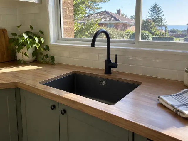 Black kitchen mixer tap beside a black sink on a timber benchtop under a window in Redhead