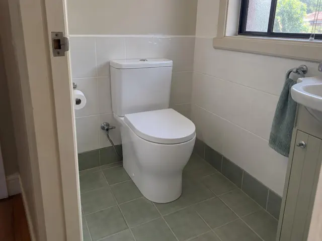 White toilet in a tiled bathroom with green floor tiles and a vanity beside a window in Redhead